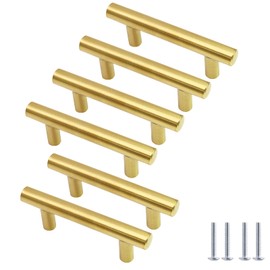 Cjueiom 6 Pack Gold Cupboard Handles 64mm Hole Center T Bar Handles, Stainless Steel Drawer Pulls Long Wardrobe Door Handles, 100mm Length Kitchen Cabinet Pulls for Bedroom Drawer