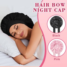 Bettinay 2PCS Silk Bonnet for Sleeping Curly Hair, Pink Black Hair Satin Bonnets with Tie
