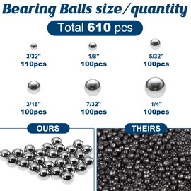 Ball Bearings 610 Pcs 6 Size Assorted Loose Bearing Balls 3/32" 1/8" 5/32" 3/16" 7/32" and 1/4" Small Bearing Balls Steel Ball