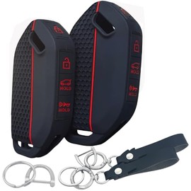 RUNZUIE 2Pcs Silicone Smart Key Fob for 2023 2024 Kia Telluride Key Fob Cover 5 Buttons (Black with Red)