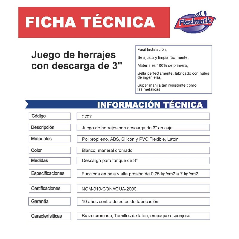 Fleximatic 2707 Juego de Herraje para WC, con descarga de