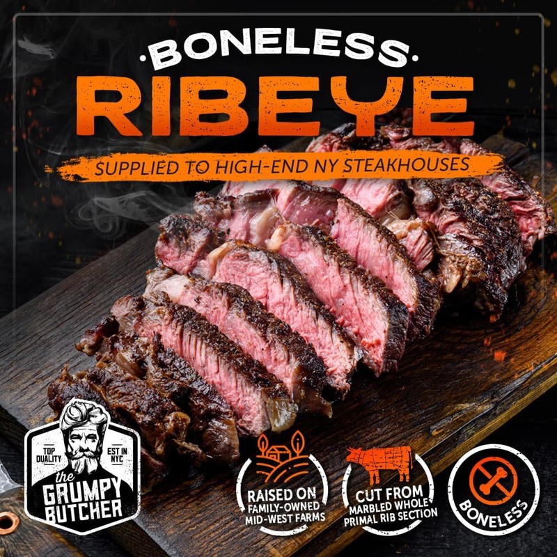 Grumpy Butcher Large Ribeye Steaks, 4 Pack (12 oz each)