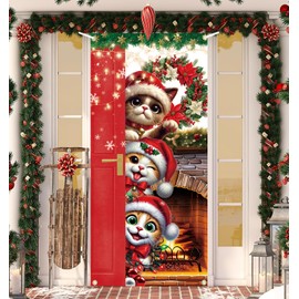 Cute Cats Xmas Door Cover - Large Photography Background & Party Backdrop for New Year Celebrations