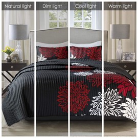 Comfort Spaces Enya Quilt Set - Casual Floral Print Channel Stitching Design, All Season, Lightweight Coverlet, Cozy Bedding, Matching Shams, Decorative Pillows, Full/Queen(90"x90"),Red/Black 3 Piece