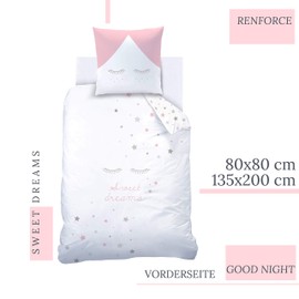 Matt&Rose Stars Bed Linen Set, 135 x 200 cm, Girls' Bed Linen, Sweet Dreams, Eyelashes and Stars, Pillowcase 80 x 80 cm + Duvet Cover 135 x 200 cm, 100% Cotton