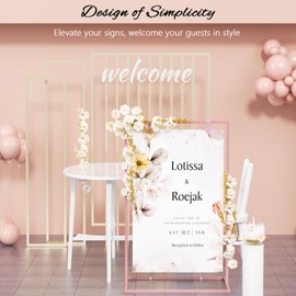 Wedding Welcome Sign Stand, 50”x30”x 20” Heavy Duty Easel Stand for Sign with 8 Pair Satin Ribbon & 2 Leather Strap, Welcome to Our Wedding Sign Holder, Metal Floor Standing Easels for Signs, Poster (Pink)