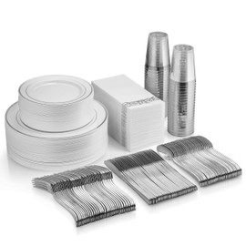 350-Piece Dinnerware Set - 50 Rim Plates, 50 Silverware Pieces, 50 Plastic Cups, 50 Linen-Like Silver Paper Napkins for 50 Guests