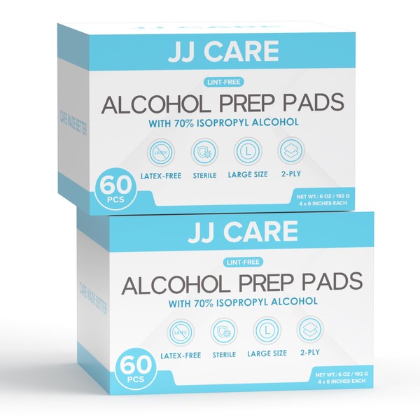 JJ CARE Large Alcohol Prep Pads [Pack of 120], 4 x 6" Sterile Alcohol Pads Individually Wrapped, 70% Isopropyl Alcohol Wipes, 2 Ply Alcohol Swabs, Perfect for Medical, First Aid Kit and Home