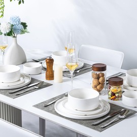 Porcelain Dinnerware Sets - KilomSumat 18 Piece Plates and Bowls Sets for 6, Modern Ceramic Dining Dishware, Chip and Scratch Resistant Dish Set, Microwave & Dishwasher Safe, White