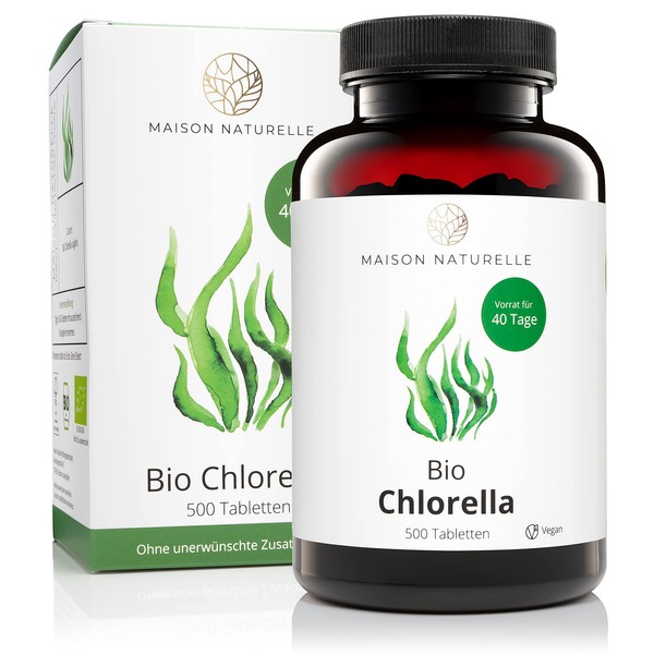 Maison Naturelle - Organic Chlorella Tablets High Dose (Pack of 500) - 500mg Pellets - 100% Pure - Vegan Chlorella Algae Pellets