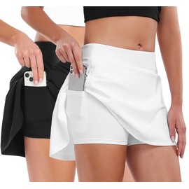 Femdouce 2 Pack Womens Athletic Tennis Skirts with Pockets High Waisted Golf Skort Skirts Workout Lightweight Golf Skirt Black/White XL