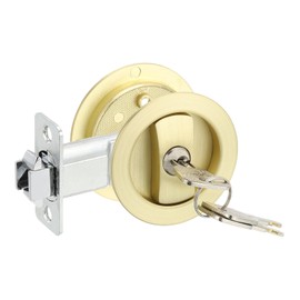 PATIKIL Round Recessed Door Lock with Keys, Pocket Door Lock Invisible Hardware Privacy Sliding Door Lock for Bathroom Bedroom Barn Door for 1-3/8" to 2" Thickness Door, Gold