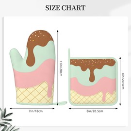 Pretty Ice Cream Cute Oven Mitts and Pot Holders Sets of 4, Heat Resistant Silicone Oven Mittens and Potholders Gloves Hot Pads for Kitchen Cooking Baking Grilling BBQ Chef