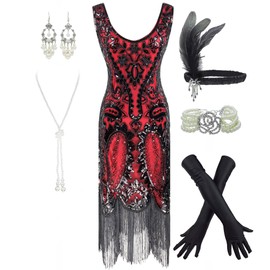 Women's 1920s Flapper Fringe Beaded Great Gatsby Party Dress with Costume Set (XX-Large, Black&Red)