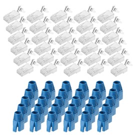 sourcing map 30pcs CAT7 RJ45 Pass Through Connectors, RJ45 STP/FTP 8P8C Gold Plated Plugs with 30pcs Blue Strain Relief Boots and Cable Traverse for 23AWG Ethernet Cable