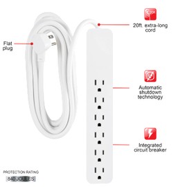 GE 6-Outlet Surge Protector, 20 Ft Extension Cord, Power Strip, 840 Joules, Flat Plug, UL Listed, White, 62940
