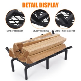 17 Inch Fireplace Grate with Ember Retainer,Cast Iron Fireplace Log Grate,Fireplace Log Holder,Heavy Duty Solid Steel Fireplace Wood Holder,Wood Stove Wrought Rack for Indoor Hearth Outdoor Fireplace