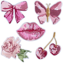 Mxxipp 5pcs Pink Iron on Patches for Women, Sew on Butterfly Bow Embroidered Applique, Vintage Lip Cherry Rose Repair Patch for Clothes Hats Backpacks Jeans Jackets Decor