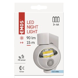 EMOS P3311 LED Night Light with Motion Sensor, Twilight Sensor and Switch, 90 Lumens, 360° Rotatable, Range 10 m, Light Range 15 m, Orientation Light for Stairs, Hallway, Indoor, White