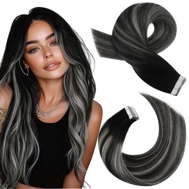 Moresoo Tape in Hair Extensions Human Hair Silver Grey Hair Extensions for Women Tape ins Ombre Black and Silver Tape in Extensions Remy Human Hair 20 Inch 50g/20pcs