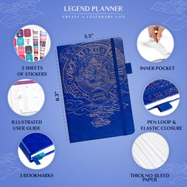 Legend Planner – Deluxe Weekly & Monthly Life Planner to Hit Your Goals & Live Happier. Organizer Notebook & Productivity Journal. A5 Hardcover, Undated – Start Any Time + Stickers – Royal Blue