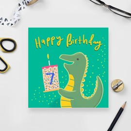 Old English Co. Happy 7th Birthday Dinosaur Card - Square Seventh Birthday Wishes Card | Suitable for Baby, Son, Daughter, Child | Blank Inside & Envelope Included