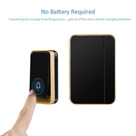 【No Battery Required】Wireless Doorbell Waterproof, AURTEC Door Chime Kit with 1 Receivers & 1 Press Self-powered Transmitter, 51 Chimes and 4 Volume Levels, Black