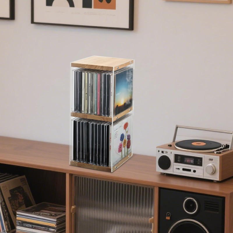 Rainmae CD Holder Desk Rack Organizer, Wooden CD Holder Stand,