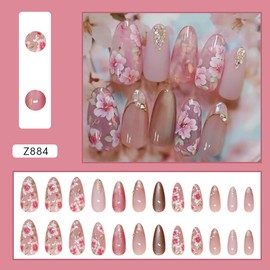 24Pcs Pink Flower Press on Nails Medium Almond Fake Nails 3D Pearl Rhinestones Peach Blossom Designs with Gold Foils Full Cover Artificial Stick on Nails Spring False Nails for Women Acrylic Salon