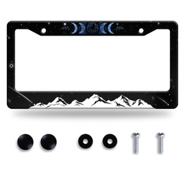 Blue Purple Moon Phase License Plate Frame Mountain License Plate Holder for Front and Rear Black License Plate Stainless Steel Moon Auto Parts Decoration with Screws 12 x 6 Inch Men Women