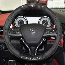 Mioteila New Compitable with Maserati Leather Steering Wheel Cover,Stylish Nappa Leather Carbon Fiber Texture Protector,Non-Slip,Universal 15inch Compatible with Maserati Accessories (New Mase-Black)