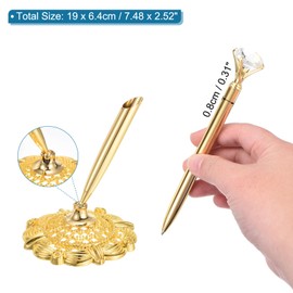 PATIKIL Hollow Round Pen Holder Signing Pen Set, Wedding Pen with Big Crystal Diamond and Pen Holder for Wedding Guests Book Engagement Opening Ceremony, Gold Tone