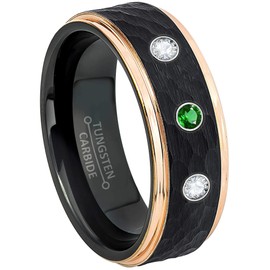 Black & Rose Gold IP Hammered Tungsten Carbide Mens Wedding Band with 0.07ctw / 0.10ctw Solitaire Round Tsavorite Birthstone 3-Stone Tungsten Ring - Comfort Fit Tungsten Anniversary Ring - 1TVR