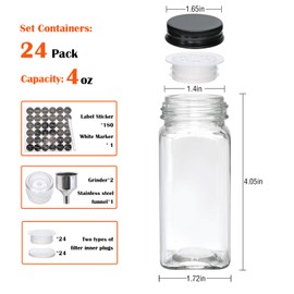 Maredash 24pcs Spice Jars with180 Labels,Glass Spice Jars, Seasoning Containers,Seasoning Organizer,Include black metal lid, pen, grinder, stainless steel funnel, two type inner plugs