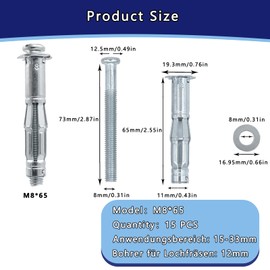 DAIRYCOF Pack of 15 Cavity Dowels, Galvanised Metal, Hollow Wall Dowels, M8 x 65 mm, Expansion Nuts, Cavity Dowels, Thin Fixings for Fixings in Plasterboard (15, M8 x 65 mm)