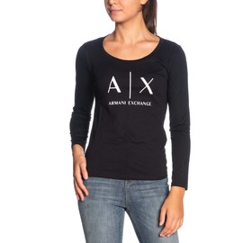 A|X ARMANI EXCHANGE womens Basic Scoop Neck Long Sleeved Tee With Logo on Chest T Shirt, Black, X-Small US