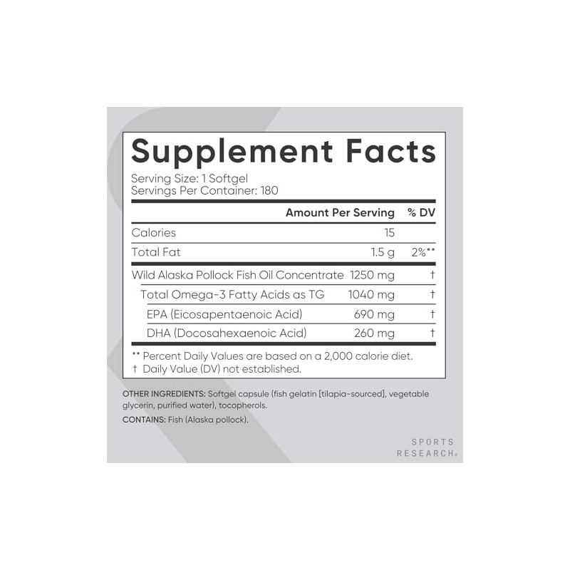 Omega-3 Fish Oil 1250mg (Triple Strength) 180 gelcaps Contains the