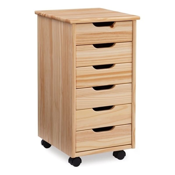 Linon Callie Multipurpose Six Drawer Natural Wood Rolling Storage Cart with Casters in Brown