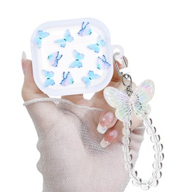 Newseego Clear Case Compatible with AirPods 4th Generation Cute Butterfly Print Pattern with Keychain for Girls Women Full Body Shockproof Charging Pod Protective Cover for AirPods 4 Gen-Blue