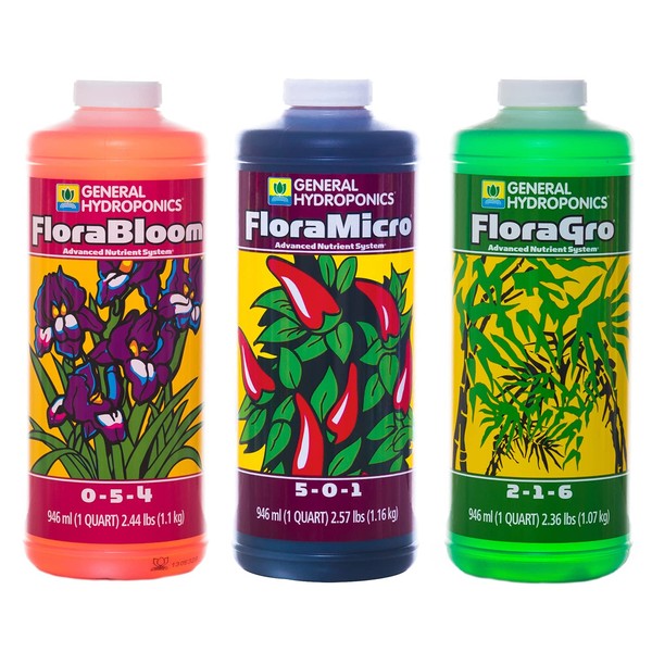 General Hydroponics FloraSeries Hydroponic Nutrient Fertilizer System Trial Pack with FloraMicro, FloraBloom and FloraGro, 1 qt.