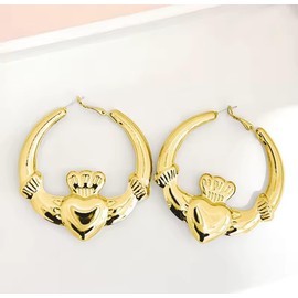 Gold-Tone Claddagh Hoop Earrings, Traditional Irish Celtic Design, Large Size Heart Crown Symbol