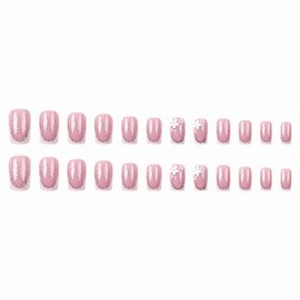 MISUD Short Press on Nails Square Fake Nails Glossy Glue on Nails White French Tip Acrylic Nail Supplies Squoval Artificial Nail Art Bling Glitter Stick on False Nails with Flower Design DIY 24 pcs