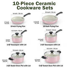 Cook N Home Pots and Pans Set Nonstick, 10-Piece Ceramic Kitchen Cookware Sets, Nonstick Cooking Set with Saucepans, Frying Pans, Dutch Oven Pot with Lids, Pink