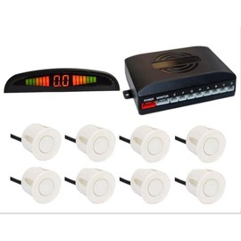 TOTMOX Car Reverse Parking Radar System 8 Reversing Sensors Kit with Front and Rear Alarm Buzzer Reminder LED Display Safe Driving, Car Parking Sensor, White