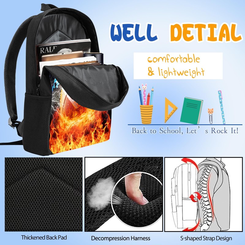 3PCS Football Backpack Set for Boys, Lightweight Large Backpack with