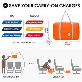 For Spirit Airlines Personal Item Bag 18x14x8 Travel Duffel Bag Underseat Foldable Carry-on Luggage for Women (A-Orange)
