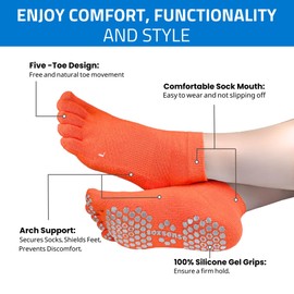 Soxsense Multi-Pack Sports Grip Toe Socks with Cushion, Non-Slip Finger Socks for Pilates, Home Gym, Soccer, basketball (US, Alpha, Large, Regular, Regular, Orange_Ankle_3Pairs)