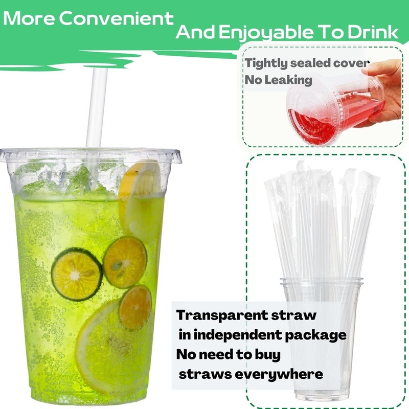 Artsotroly 16 oz Clear Plastic Cups with Lids and Straws,
