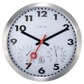NEXTIME Wall Clock with Thermometer and Hygrometer-35cm Ø White-Clematis, Aluminium, Silver, 35cm
