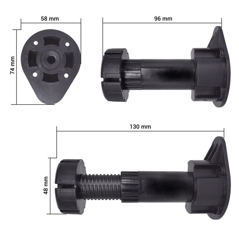 Diforma 4 Pcs Black Plastic Height Adjustable Furniture Legs with